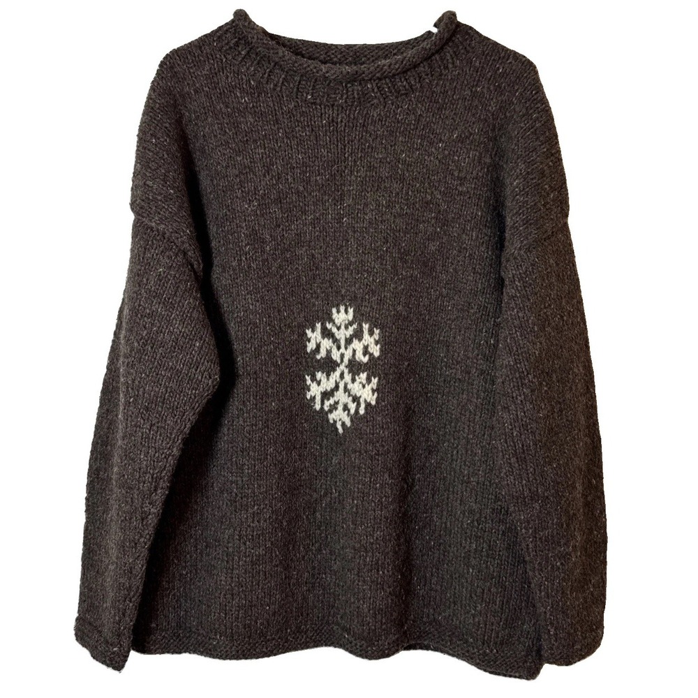 VTG Imbabura Ecuador 100% Wool Handmade Sweater Large Brown Snowflake